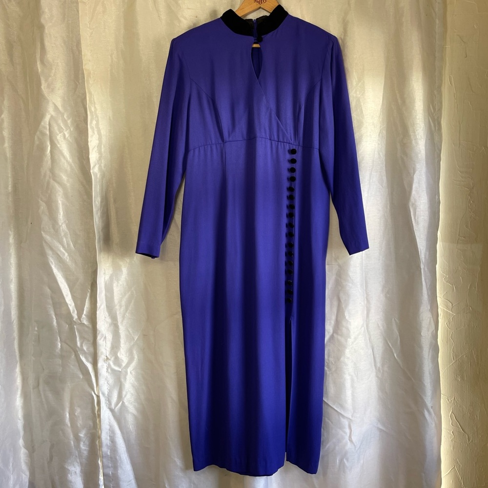 VTG 90’s Royal Purple Black Velvet Long Sleeve Button Down Slit Maxi Xmas Dress
